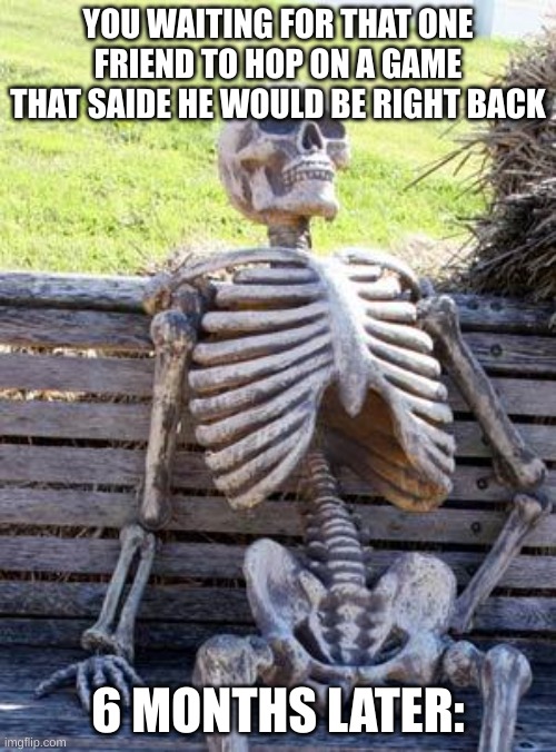 He Never Came Back :c | YOU WAITING FOR THAT ONE FRIEND TO HOP ON A GAME THAT SAIDE HE WOULD BE RIGHT BACK; 6 MONTHS LATER: | image tagged in memes,waiting skeleton | made w/ Imgflip meme maker