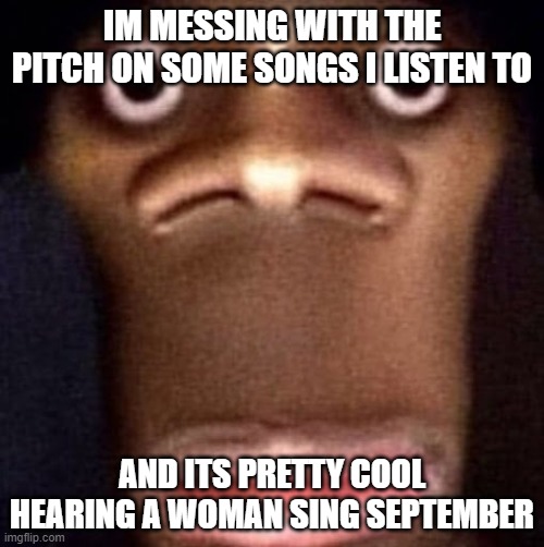 Bruh | IM MESSING WITH THE PITCH ON SOME SONGS I LISTEN TO; AND ITS PRETTY COOL HEARING A WOMAN SING SEPTEMBER | image tagged in bruh | made w/ Imgflip meme maker