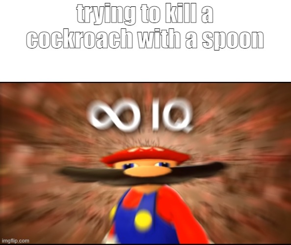 spoon.......... | trying to kill a cockroach with a spoon | image tagged in infinity iq mario | made w/ Imgflip meme maker