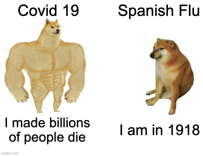 Covid or Spanish Flu? | Covid 19; Spanish Flu; I made billions of people die; I am in 1918 | image tagged in memes | made w/ Imgflip meme maker