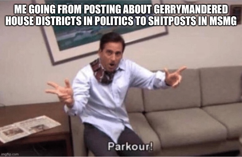 *politicsTOO | ME GOING FROM POSTING ABOUT GERRYMANDERED HOUSE DISTRICTS IN POLITICS TO SHITPOSTS IN MSMG | image tagged in parkour | made w/ Imgflip meme maker