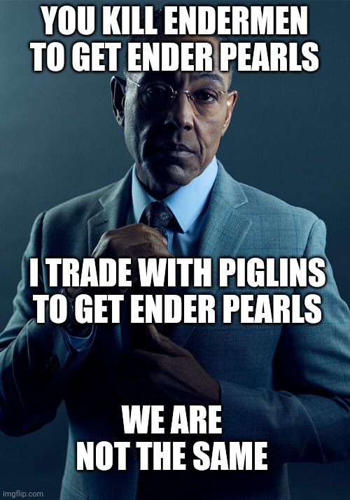? | YOU KILL ENDERMEN TO GET ENDER PEARLS; I TRADE WITH PIGLINS TO GET ENDER PEARLS; WE ARE NOT THE SAME | image tagged in minecraft | made w/ Imgflip meme maker