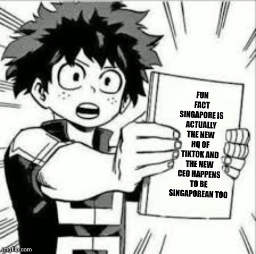Deku's Facts | FUN FACT SINGAPORE IS ACTUALLY THE NEW HQ OF TIKTOK AND THE NEW CEO HAPPENS TO BE SINGAPOREAN TOO | image tagged in deku's facts | made w/ Imgflip meme maker