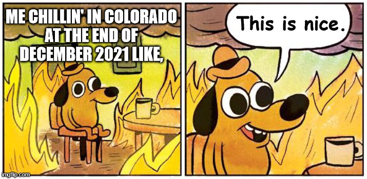 Have I Mentioned God Hates You Lately? |  ME CHILLIN' IN COLORADO 
AT THE END OF 
DECEMBER 2021 LIKE, This is nice. | image tagged in this is fine blank,dumb dog in flames,colorado,climate change,satan | made w/ Imgflip meme maker
