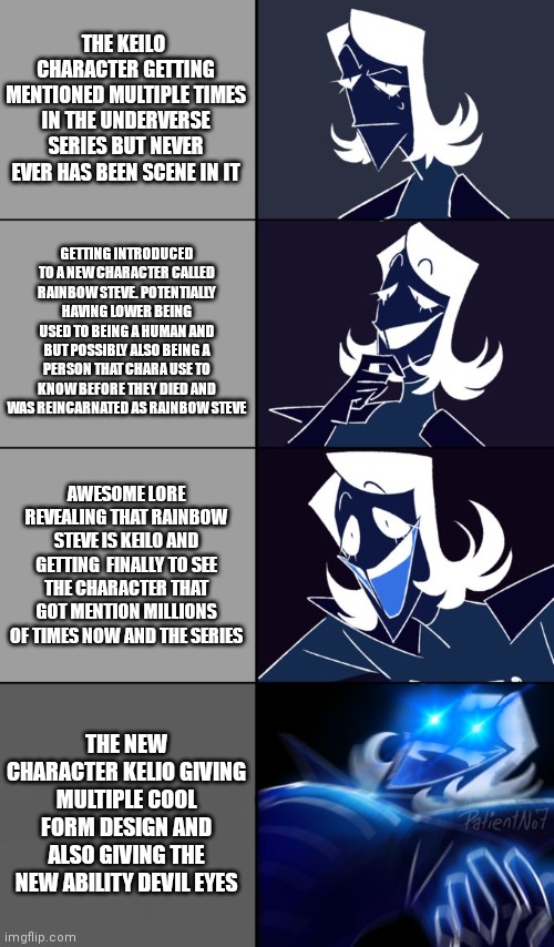 Rouxls Kaard | THE KEILO  CHARACTER GETTING MENTIONED MULTIPLE TIMES IN THE UNDERVERSE SERIES BUT NEVER EVER HAS BEEN SCENE IN IT; GETTING INTRODUCED TO A NEW CHARACTER CALLED RAINBOW STEVE. POTENTIALLY HAVING LOWER BEING USED TO BEING A HUMAN AND BUT POSSIBLY ALSO BEING A PERSON THAT CHARA USE TO KNOW BEFORE THEY DIED AND WAS REINCARNATED AS RAINBOW STEVE; AWESOME LORE REVEALING THAT RAINBOW STEVE IS KEILO AND GETTING  FINALLY TO SEE THE CHARACTER THAT GOT MENTION MILLIONS OF TIMES NOW AND THE SERIES; THE NEW CHARACTER KELIO GIVING MULTIPLE COOL FORM DESIGN AND ALSO GIVING THE NEW ABILITY DEVIL EYES | image tagged in rouxls kaard | made w/ Imgflip meme maker