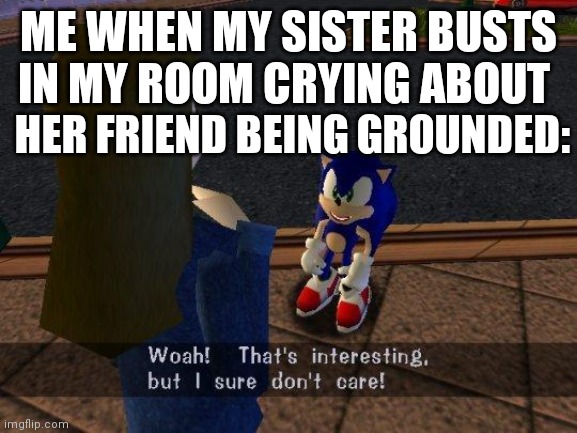 That's very sad but I couldn't give a crap less | ME WHEN MY SISTER BUSTS IN MY ROOM CRYING ABOUT; HER FRIEND BEING GROUNDED: | image tagged in woah that's interesting but i sure dont care,sister,grounded,room | made w/ Imgflip meme maker
