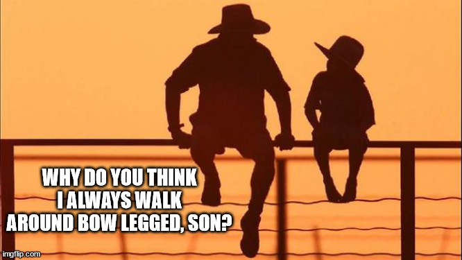 Cowboy father and son | WHY DO YOU THINK I ALWAYS WALK AROUND BOW LEGGED, SON? | image tagged in cowboy father and son | made w/ Imgflip meme maker