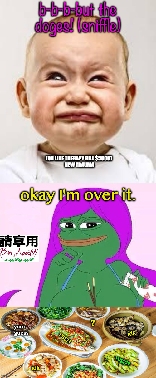 b-b-b-but the doges! (sniffle); (ON LINE THERAPY BILL $5000) 
NEW TRAUMA; okay I'm over it. ? yum
 i guess; idk; FSSH; veggie; idk | image tagged in crying baby,hour glass pepe | made w/ Imgflip meme maker