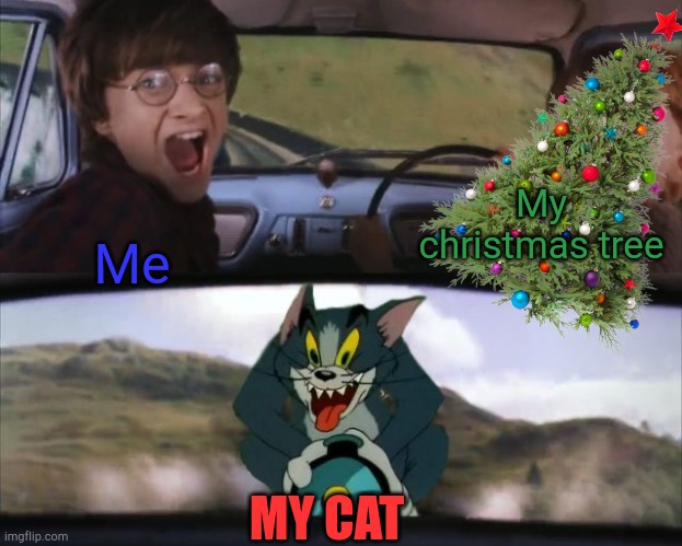 Cats be like on christmas | My christmas tree; Me; MY CAT | image tagged in tom chasing harry and ron weasly,cats,relatable,funny,oh no,why are you reading this | made w/ Imgflip meme maker