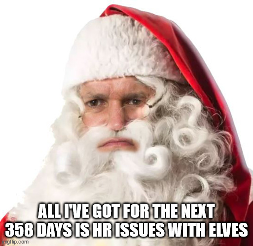 HR issues with elves | ALL I'VE GOT FOR THE NEXT 358 DAYS IS HR ISSUES WITH ELVES | image tagged in grumpy santa | made w/ Imgflip meme maker