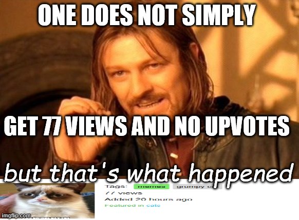 One Does Not Simply Meme | ONE DOES NOT SIMPLY; GET 77 VIEWS AND NO UPVOTES; but that's what happened | image tagged in memes,one does not simply | made w/ Imgflip meme maker