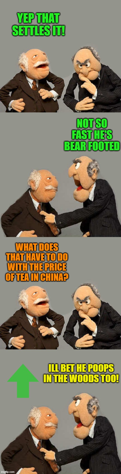 YEP THAT SETTLES IT! NOT SO FAST HE'S BEAR FOOTED WHAT DOES THAT HAVE TO DO WITH THE PRICE OF TEA IN CHINA? ILL BET HE POOPS IN THE WOODS TO | image tagged in the meme with no name | made w/ Imgflip meme maker