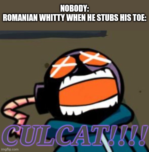 CULCAT! | NOBODY:
ROMANIAN WHITTY WHEN HE STUBS HIS TOE:; CULCAT!!!! | image tagged in ballastic from whitty mod screaming,culcat,romania,friday night funkin,funny,memes | made w/ Imgflip meme maker