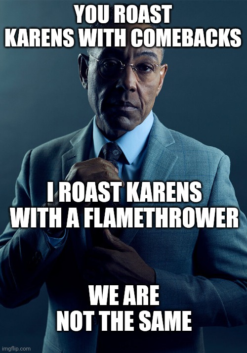 Gus Fring we are not the same | YOU ROAST KARENS WITH COMEBACKS I ROAST KARENS WITH A FLAMETHROWER WE ARE NOT THE SAME | image tagged in gus fring we are not the same | made w/ Imgflip meme maker