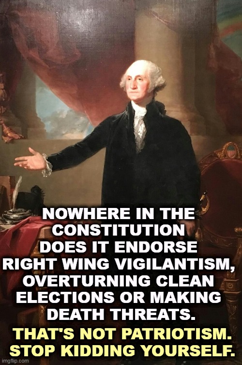 Right wing terrorism was not approved by the Founding Fathers. | NOWHERE IN THE 
CONSTITUTION 
DOES IT ENDORSE 
RIGHT WING VIGILANTISM, 

OVERTURNING CLEAN 
ELECTIONS OR MAKING 
DEATH THREATS. THAT'S NOT PATRIOTISM. STOP KIDDING YOURSELF. | image tagged in george washington,constitution,right wing,terrorism,death,threats | made w/ Imgflip meme maker