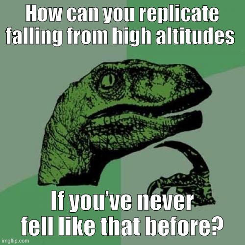 X files plays* |  How can you replicate falling from high altitudes; If you’ve never fell like that before? | image tagged in memes,philosoraptor,question,confused,barney will eat all of your delectable biscuits,stop reading the tags | made w/ Imgflip meme maker