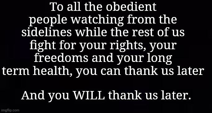 To all the obedient people watching from the sidelines | To all the obedient people watching from the sidelines while the rest of us fight for your rights, your freedoms and your long term health, you can thank us later; And you WILL thank us later. | image tagged in rights,freedom,health | made w/ Imgflip meme maker
