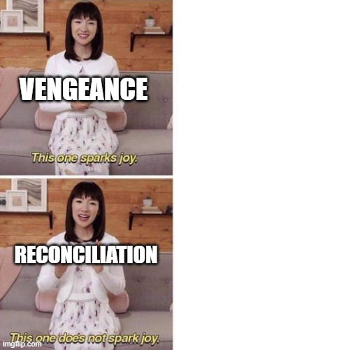 vengeance is my new years resolution | VENGEANCE; RECONCILIATION | image tagged in this one sparks joy | made w/ Imgflip meme maker