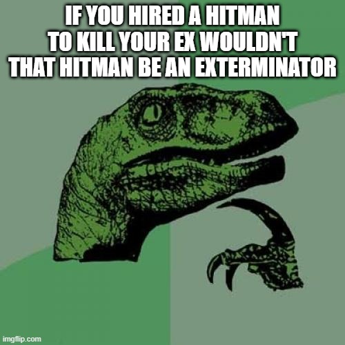 free astralagus | IF YOU HIRED A HITMAN TO KILL YOUR EX WOULDN'T THAT HITMAN BE AN EXTERMINATOR | image tagged in memes,philosoraptor | made w/ Imgflip meme maker