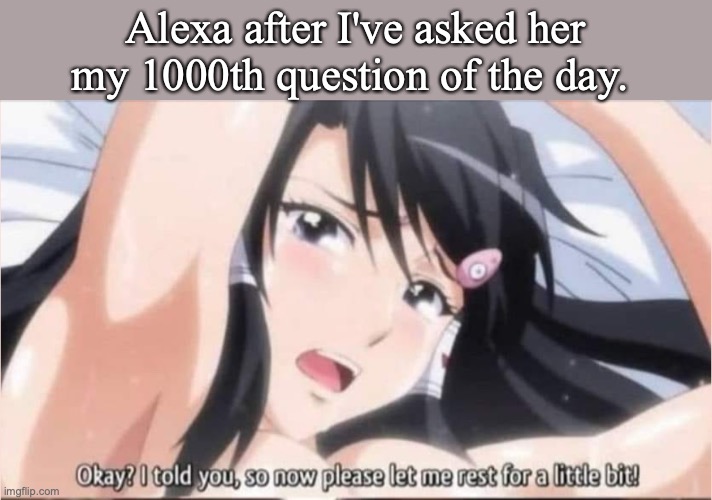 Alexa after I've asked her my 1000th question of the day. | image tagged in alexa,hentai anime girl,anime meme | made w/ Imgflip meme maker