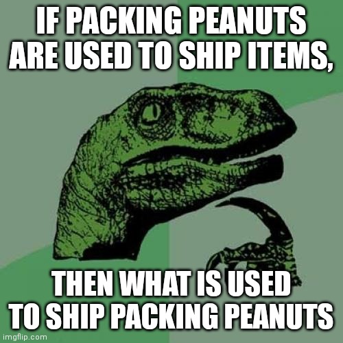 Philosoraptor Meme | IF PACKING PEANUTS ARE USED TO SHIP ITEMS, THEN WHAT IS USED TO SHIP PACKING PEANUTS | image tagged in memes,philosoraptor | made w/ Imgflip meme maker