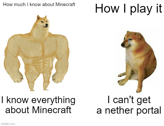 Me at Minecraft | How much I know about Minecraft; How I play it; I know everything about Minecraft; I can't get a nether portal | image tagged in memes,buff doge vs cheems | made w/ Imgflip meme maker