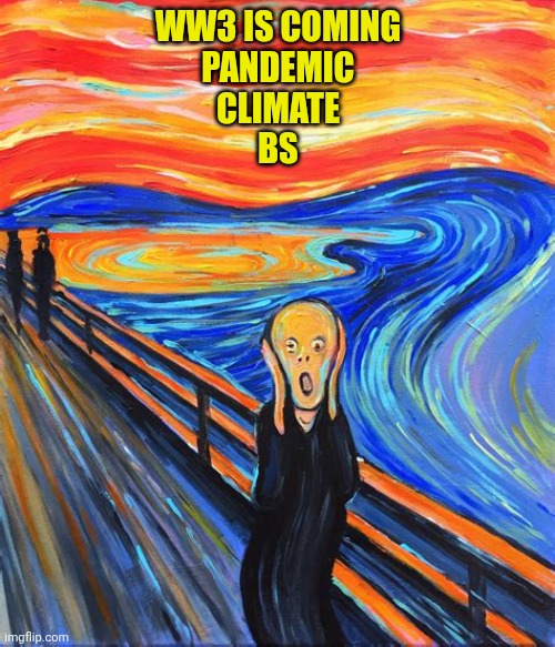 The world is mad | WW3 IS COMING
PANDEMIC
CLIMATE
BS | image tagged in the scream | made w/ Imgflip meme maker