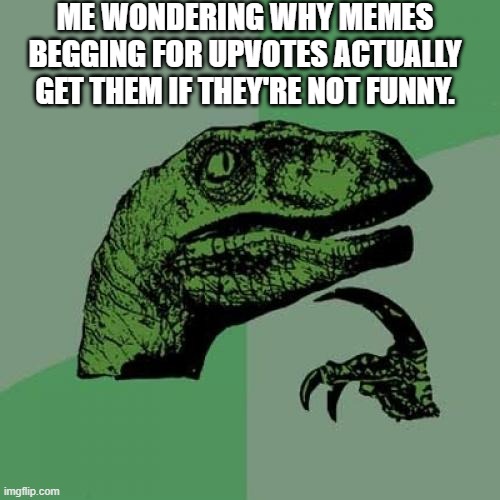 Is This Something Not To Wonder About? | ME WONDERING WHY MEMES BEGGING FOR UPVOTES ACTUALLY GET THEM IF THEY'RE NOT FUNNY. | image tagged in memes,philosoraptor | made w/ Imgflip meme maker