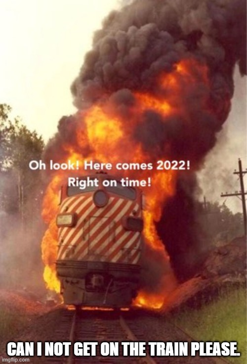 oh god | CAN I NOT GET ON THE TRAIN PLEASE. | image tagged in happy new year,train,memes,2022 | made w/ Imgflip meme maker