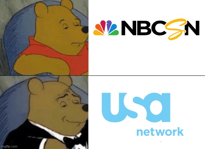 what could be a good place to air sports i mean if nbcsn shuts down my sports will move to usa or peacock | image tagged in memes,tuxedo winnie the pooh | made w/ Imgflip meme maker