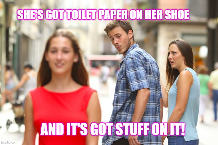 Toilet Paper Shoe | SHE'S GOT TOILET PAPER ON HER SHOE; AND IT'S GOT STUFF ON IT! | image tagged in memes,distracted boyfriend | made w/ Imgflip meme maker