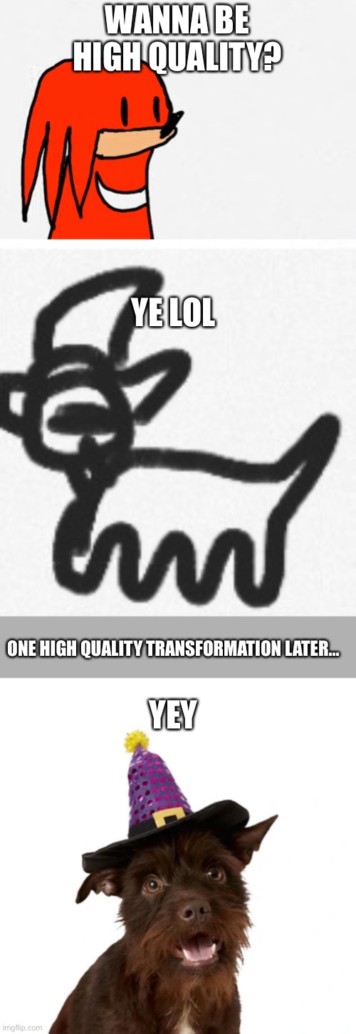 Doggy becomes high quality?! | WANNA BE HIGH QUALITY? YE LOL; ONE HIGH QUALITY TRANSFORMATION LATER…; YEY | made w/ Imgflip meme maker