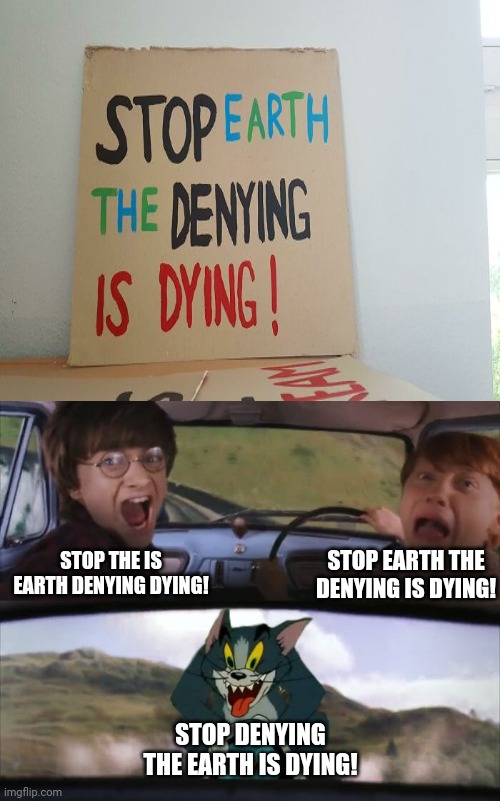 Earth | STOP THE IS EARTH DENYING DYING! STOP EARTH THE DENYING IS DYING! STOP DENYING THE EARTH IS DYING! | image tagged in tom chasing harry and ron weasly,you had one job,design fails,earth,memes,meme | made w/ Imgflip meme maker