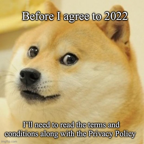 2022 Terms and Conditions | Before I agree to 2022; I’ll need to read the terms and conditions along with the Privacy Policy | image tagged in memes,doge | made w/ Imgflip meme maker