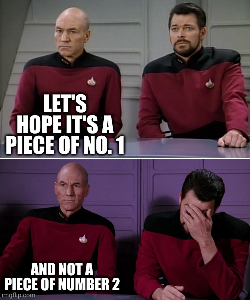 Picard Riker listening to a pun | LET'S HOPE IT'S A PIECE OF NO. 1 AND NOT A PIECE OF NUMBER 2 | image tagged in picard riker listening to a pun | made w/ Imgflip meme maker