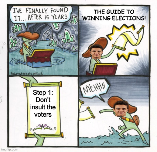 Look F1Fan you're an ok guy but if you want to win an election you should stop insulting the voters. | THE GUIDE TO WINNING ELECTIONS! Step 1:
Don't insult the
voters | image tagged in memes,the scroll of truth | made w/ Imgflip meme maker