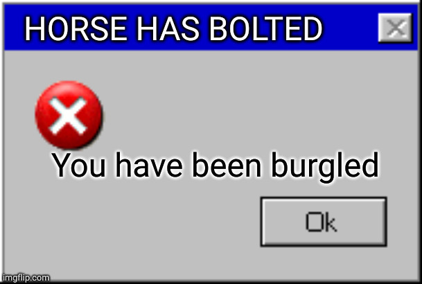Windows Error Message | HORSE HAS BOLTED You have been burgled | image tagged in windows error message | made w/ Imgflip meme maker