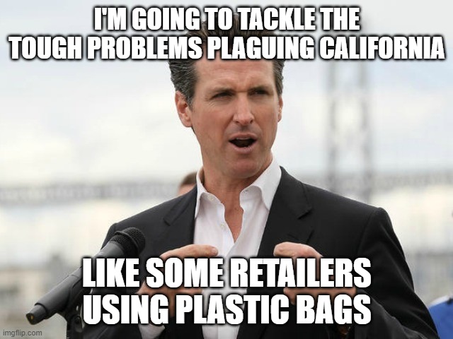 gavin newsome | I'M GOING TO TACKLE THE TOUGH PROBLEMS PLAGUING CALIFORNIA; LIKE SOME RETAILERS USING PLASTIC BAGS | image tagged in gavin newsome | made w/ Imgflip meme maker