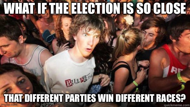 Imagine a President and HoC from two different parties! Hard to tell if that’ll be a good or bad thing tbh | WHAT IF THE ELECTION IS SO CLOSE; THAT DIFFERENT PARTIES WIN DIFFERENT RACES? | image tagged in what if rave,memes,politics,election,campaign,funny | made w/ Imgflip meme maker