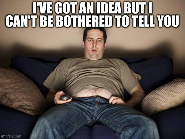 lazy fat guy on the couch | I'VE GOT AN IDEA BUT I CAN'T BE BOTHERED TO TELL YOU | image tagged in lazy fat guy on the couch | made w/ Imgflip meme maker
