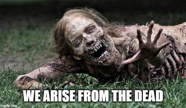 Walking Dead Zombie | WE ARISE FROM THE DEAD | image tagged in walking dead zombie | made w/ Imgflip meme maker