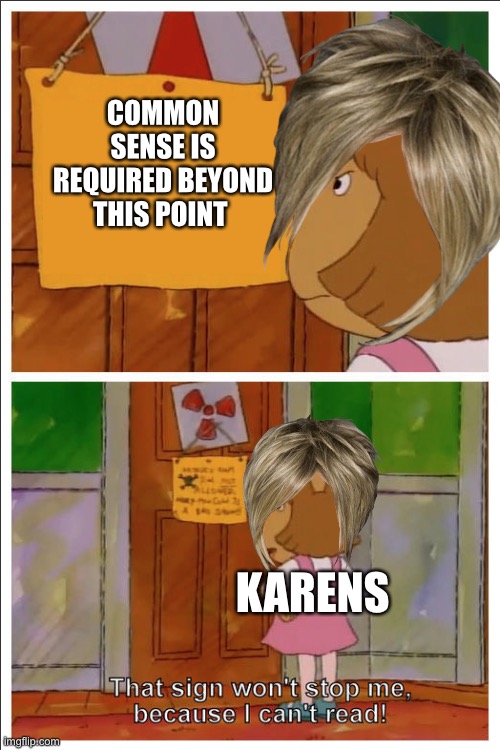 This sign won't stop me, because i cant read | COMMON SENSE IS REQUIRED BEYOND THIS POINT; KARENS | image tagged in this sign won't stop me because i cant read | made w/ Imgflip meme maker