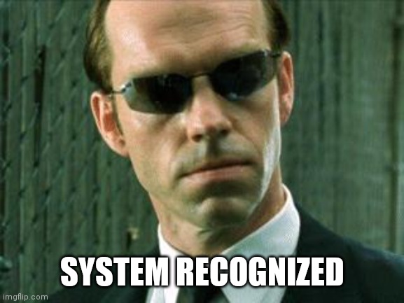 Agent Smith Matrix | SYSTEM RECOGNIZED | image tagged in agent smith matrix | made w/ Imgflip meme maker