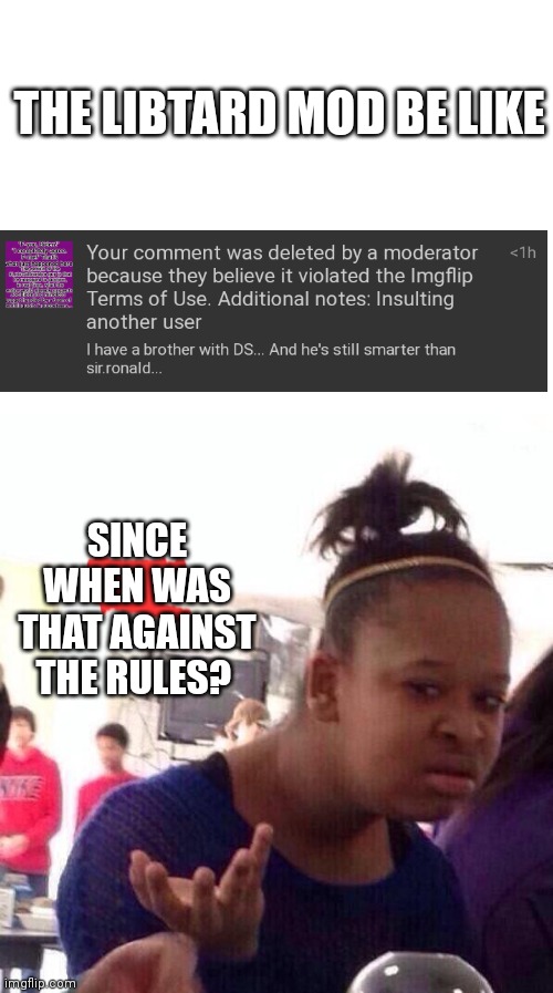 These mods... Meanwhile the user that I "insulted" insults just about everyone on the same page and gets away with it... | THE LIBTARD MOD BE LIKE; SINCE WHEN WAS THAT AGAINST THE RULES? | image tagged in libtards,liberal logic,stupid liberals,triggered liberal,maga | made w/ Imgflip meme maker