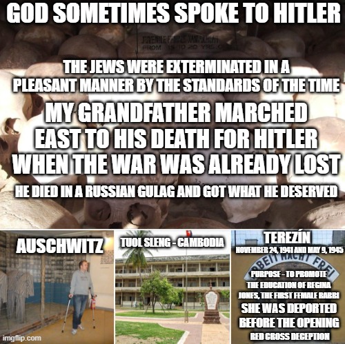 GOD SOMETIMES SPOKE TO HITLER; THE JEWS WERE EXTERMINATED IN A PLEASANT MANNER BY THE STANDARDS OF THE TIME; MY GRANDFATHER MARCHED EAST TO HIS DEATH FOR HITLER WHEN THE WAR WAS ALREADY LOST; HE DIED IN A RUSSIAN GULAG AND GOT WHAT HE DESERVED; TEREZÍN; TUOL SLENG - CAMBODIA; AUSCHWITZ; NOVEMBER 24, 1941 AND MAY 9, 1945; PURPOSE - TO PROMOTE THE EDUCATION OF REGINA JONES, THE FIRST FEMALE RABBI; SHE WAS DEPORTED BEFORE THE OPENING; RED CROSS DECEPTION | image tagged in hitler | made w/ Imgflip meme maker