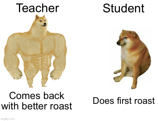 Buff Doge vs. Cheems | Teacher; Student; Comes back with better roast; Does first roast | image tagged in memes,buff doge vs cheems | made w/ Imgflip meme maker