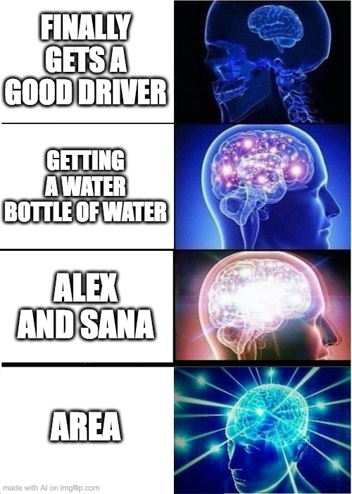 nice job ai..... | FINALLY GETS A GOOD DRIVER; GETTING A WATER BOTTLE OF WATER; ALEX AND SANA; AREA | image tagged in memes,expanding brain | made w/ Imgflip meme maker