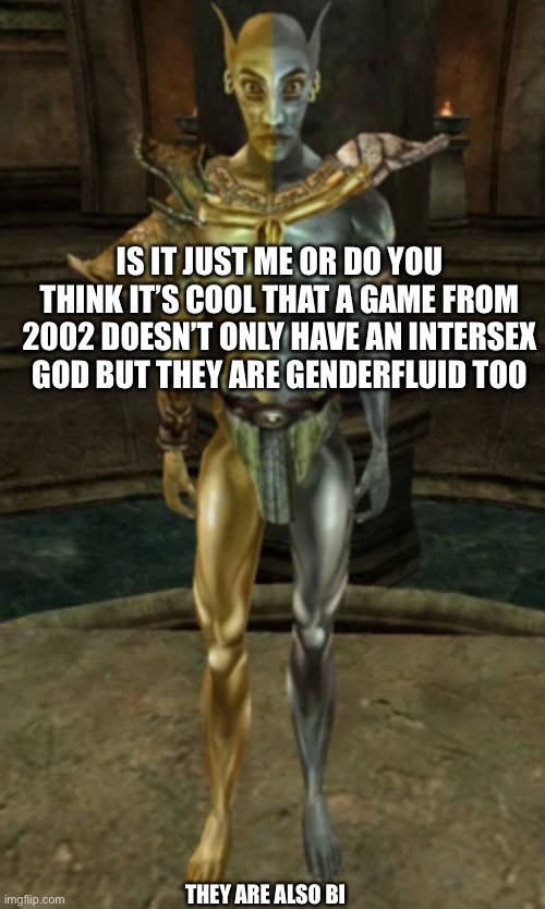 I think this is cool, who knew that some games/shows have LGBTQ+ stuff before it was cool | IS IT JUST ME OR DO YOU THINK IT’S COOL THAT A GAME FROM 2002 DOESN’T ONLY HAVE AN INTERSEX GOD BUT THEY ARE GENDERFLUID TOO; THEY ARE ALSO BI | image tagged in the elder scrolls,genderfluid,genderqueer,pride | made w/ Imgflip meme maker