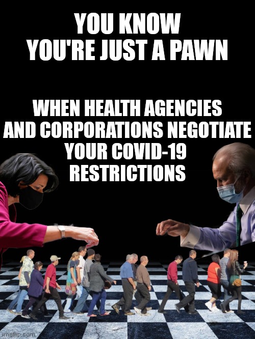 Our lives...their business negotiations | YOU KNOW YOU'RE JUST A PAWN; WHEN HEALTH AGENCIES
AND CORPORATIONS NEGOTIATE
YOUR COVID-19 
RESTRICTIONS | image tagged in cdc,masks,democrats,corporations,big government,dr fauci | made w/ Imgflip meme maker