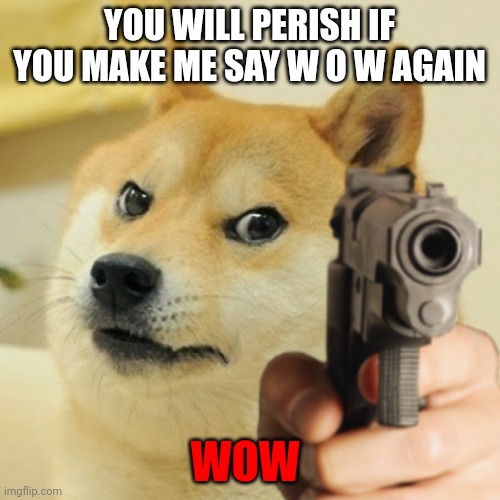 Boomy | YOU WILL PERISH IF YOU MAKE ME SAY W O W AGAIN; WOW | image tagged in doge holding a gun | made w/ Imgflip meme maker